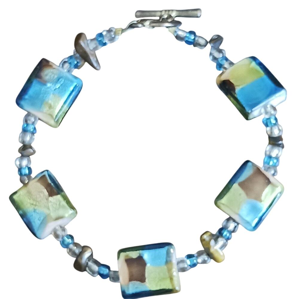Glass Beaded Bracelet Blue Brown Square Silvertone 8.5 inches